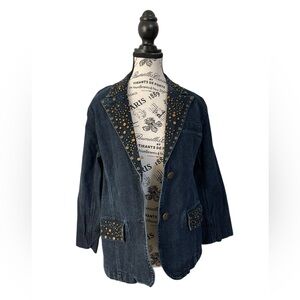 DG2 by Diane Gilman Studded Denim Blazer Jacket Sz S Boho Western Ramie Blend